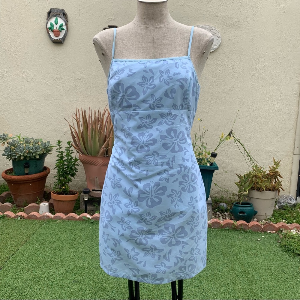 Blue summer Hawaiian floral hibiscus print mini dress